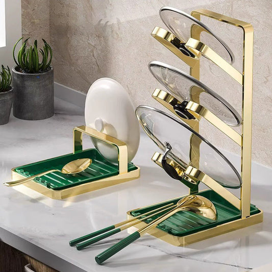 Multifunctionele 3-laags potdekselhouder met opvangbakje