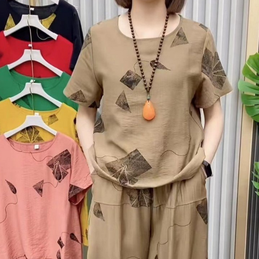 💗50% korting voor een beperkte tijd💗Dames Geprinte Korte Mouwen Top & Cropped Broek Set