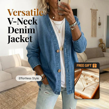 🧥 60% הנחה עכשיו! ✨ ז'קט ג'ינס קלאסי עם כפתורים בחזית לנשים – צווארון V, בד נושם וגזרה נינוחה 💙