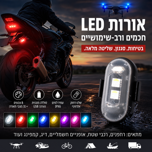 🚁 פנס מהבהב עם 8 צבעים – אלחוטי, קומפקטי וחזק. טעינת USB, תקע עמיד למים, שלט רחוק – אידיאלי לרכבי RC, סירות, אופניים וטיולים! ✨🔋