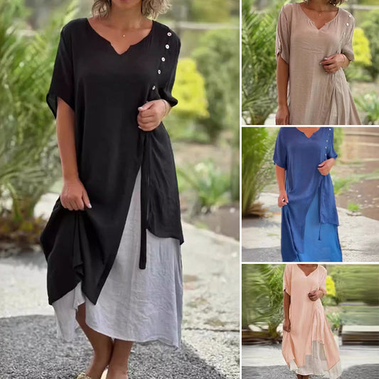 🎉Laatste dag voor kortingen van beperkte duur🎉Losse Jurk met Korte Mouw van Katoen en Linnen