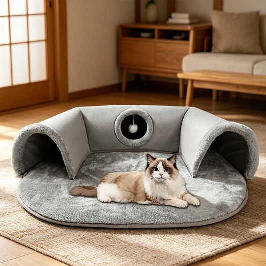 🐱 תהנו עכשיו מ-50% הנחה! 🛏️ מיטת מנהרה קטיפה 2 ב-1 לחתולים 🐾