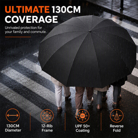 ☔ מטריית סערה XL 130 ס"מ ל-4 אנשים, 12 צלעות חזקות! הנחה -50% 🌧️🔥