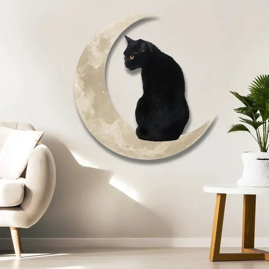 Zwarte kat op de maan hangende metalen bord